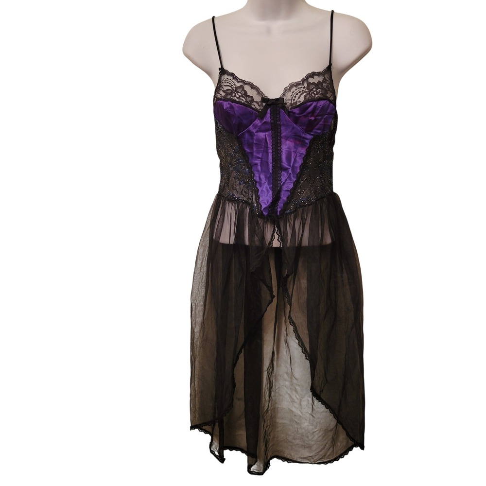 Nan Flower S Nightgown Purple Black Lace High Low Mesh Vintage Sexy Lingerie